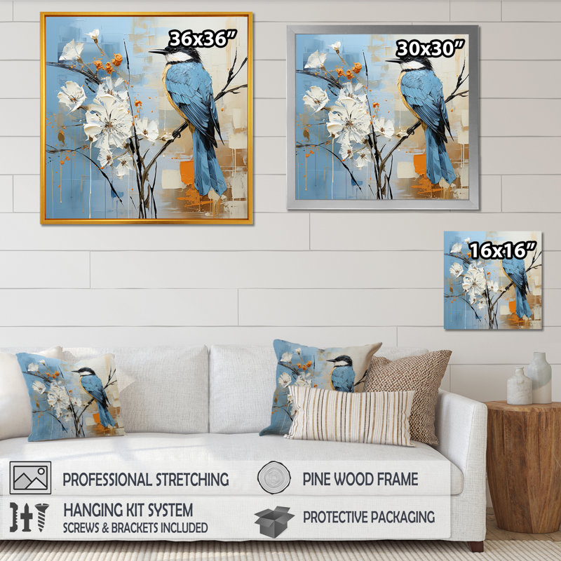 Oiseau bleu, minimalisme, fleurs blanches, impression sur toile, H 24 po x l 24 po x P 1 po, Blanc