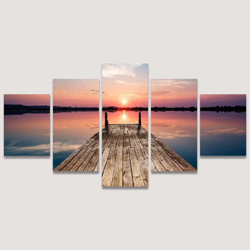 "Signature" grand art mural sur toile "Reflection sur l'eau au coucher du soleil", œuvre d'art moderne pour décoration intérieure prête à accrocher - 60 po x 32 po