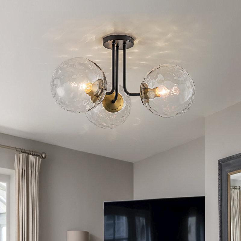 Plafonnier semi-encastré moderne Spoutnik 22 lumières 3 lumières Kaynen, Noir et or, Verre martelé