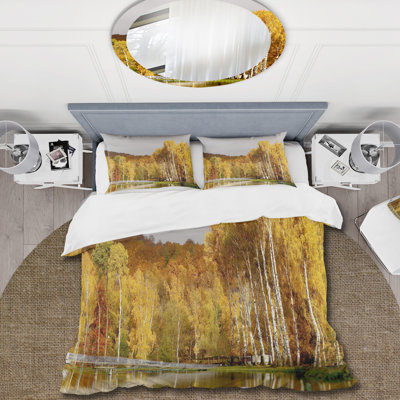 Autumn Birches By The Lake - Farmhouse Duvet Cover Set - Microfiber Polyester