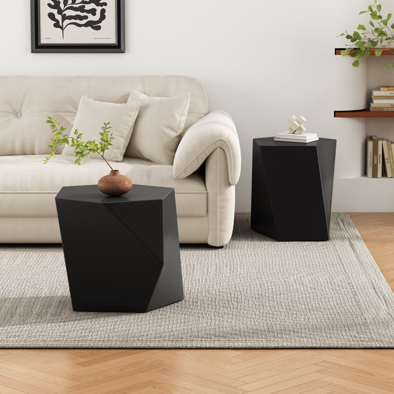 Zayd Modern MGO End Table Set With Geometric Design, Black
