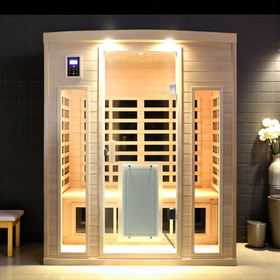 KISRAIS Indoor Sauna 3-Person Low EMF FAR Infrared Sauna With 2 LED Reading Lights, 3 Chromotherapy Lights, 2 Exterior Lights & Bluetooth Speakers | P