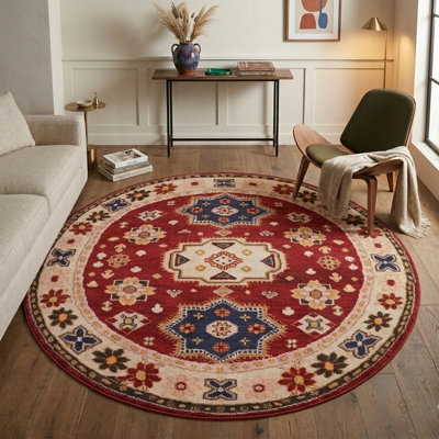 Tapis d'intérieur rond oriental en soie et laine crème et rouge, noué à la main, fait main