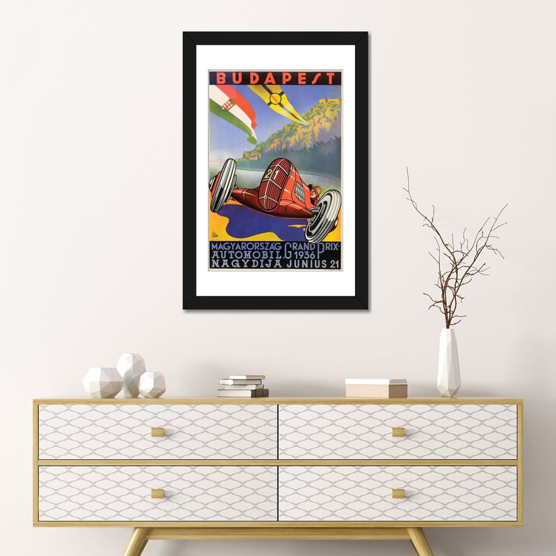 « budapest grand prix, 1936 », publicité rétro sur toile, H 32 po x l 24 po x P 1 po, Papier d'art encadré noir, Blanc