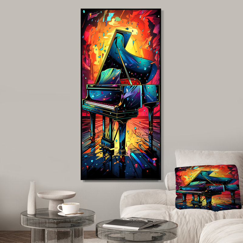 Élégance de piano classique bleue et jaune - Art mural de piano musical pour le salon, Cadre flottant noir