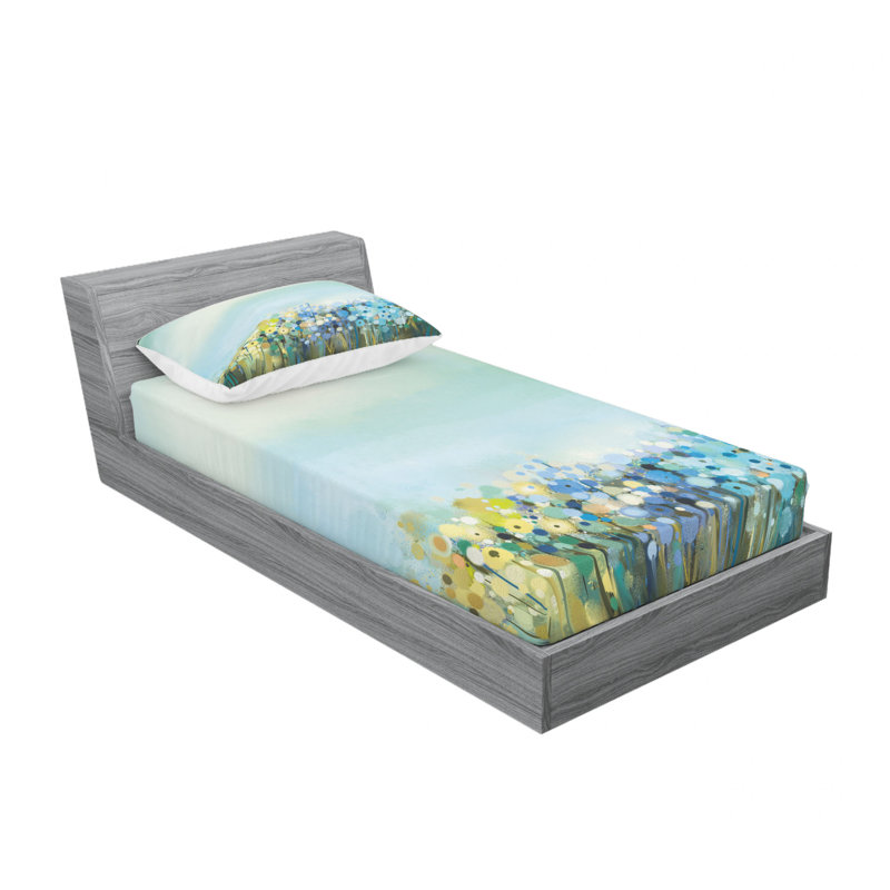Ensemble de draps «Représentation d'une peinture sur le terrain avec fleurs», Taie d'oreiller pour lit simple, Fleurs