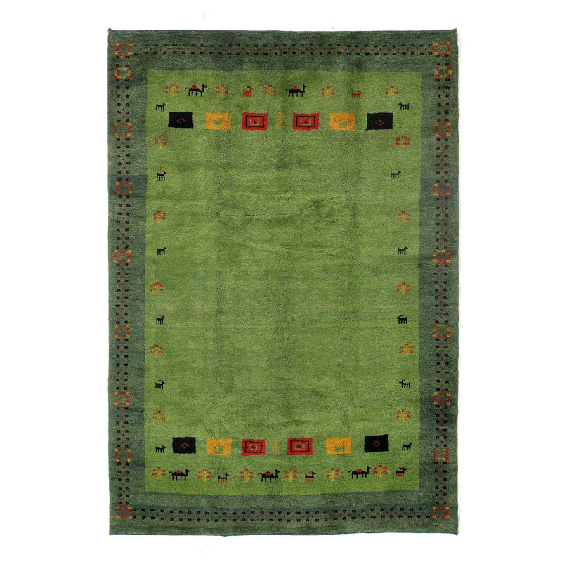 Tapis oriental vert / rouge / jaune en laine / coton 7 pi 11 po x 5 pi 7 po Oriental