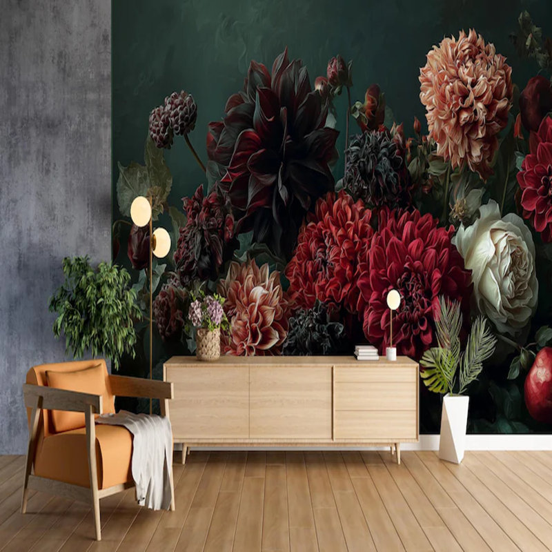 Fleurs profondes bourgogne rétro, L 160 po x l 108 po