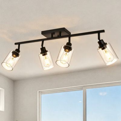 Plafonnier sur rail noir 4 lumières 4 lumières, applique murale pour meuble-lavabo réglable 2 en 1 et rail de plafond encastré intérieur, abat-jour en verre transparent rotatif à base de ferme E26 pour miroir de cuisine, salon et chambre à coucher