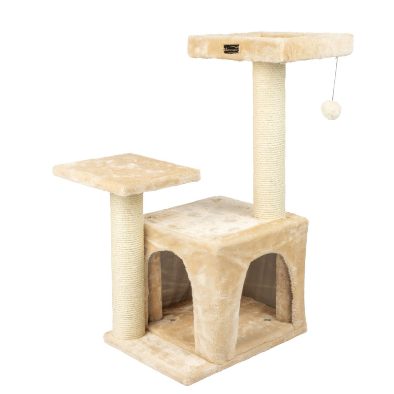 Beige Sisal and Plush 32-Inch Cat Tree with Playhouse
