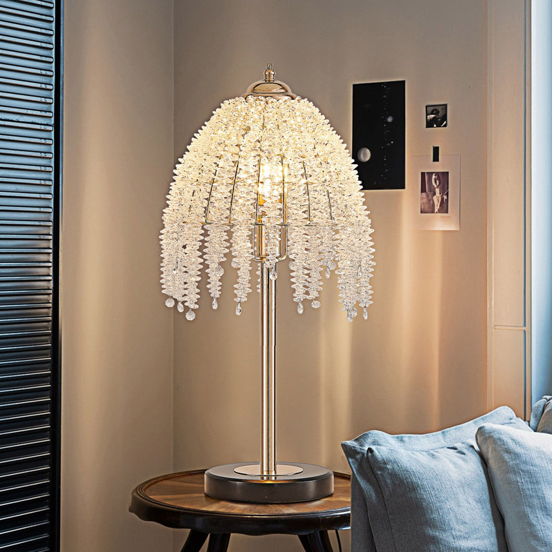 Elegant Crystal Table Lamp  With Crystal Bead String Shades And Marble Textured Base