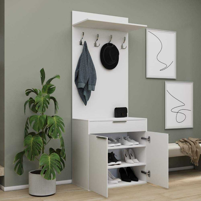 Modern Hall Stand with 1 Drawer & Multiple Shelves, White, 28.7 x 73.6 x 14.2 inches | 100% Melamine Coated Particle Board, Wall-Mountable | Stylish Storage Solution for Entryways & Living Spaces