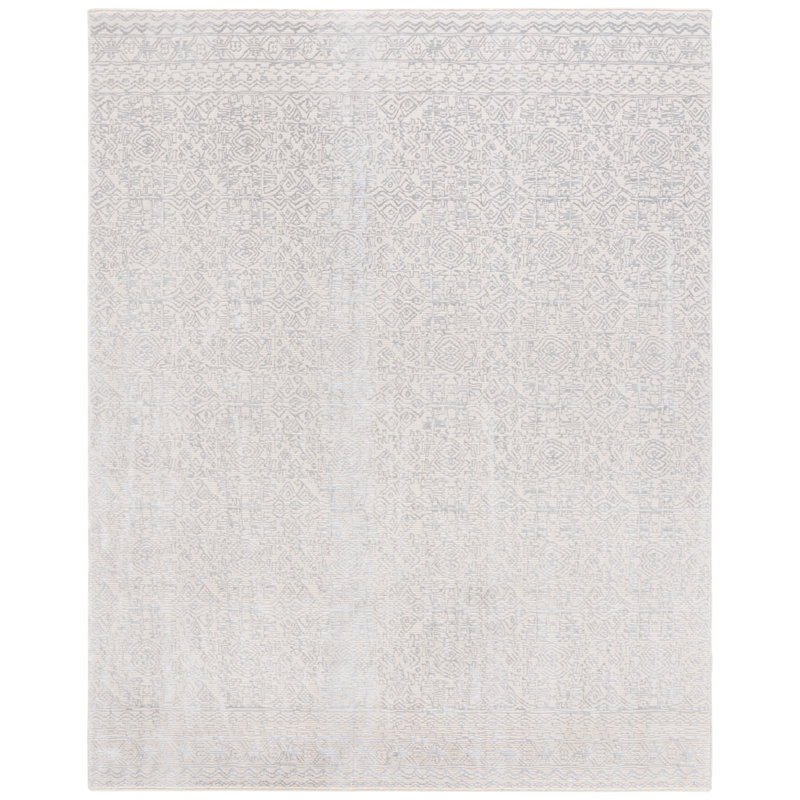Tapis en polyester / viscose abstrait tissé à la machine en gris / ivoire, Rectangle 8 pi x 10 pi