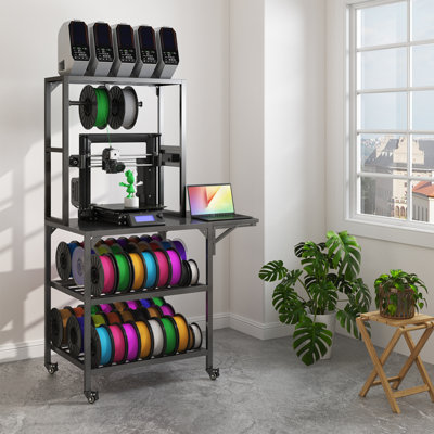 Sturdy Metal 3D Printer Stand with 2-Layer Filament Storage Rack, T-Shaped Spools Holder, and Lockable Wheels – 0.78-Inch Thick Frame, Multi-Function Auxiliary Panel