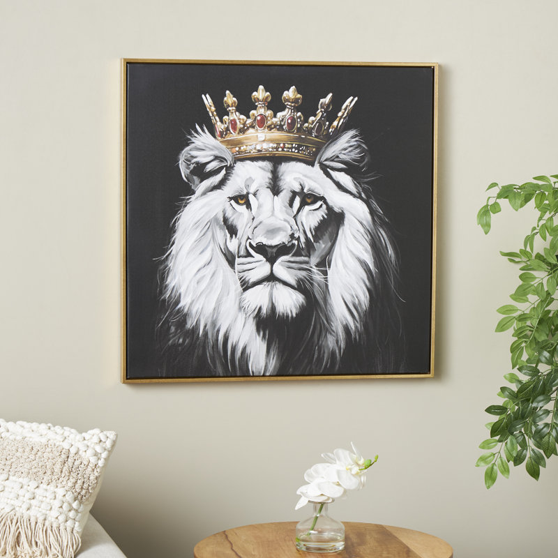 Art mural encadré de lion en polystone avec couronne ornée de bijoux