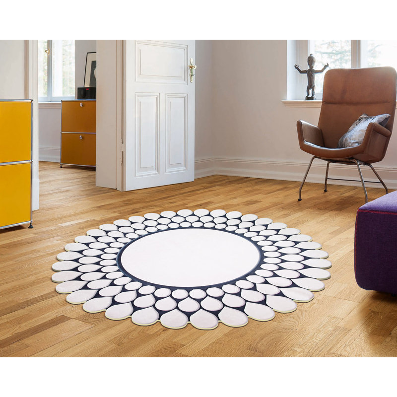 Tapis blanc / bleu sarcelle Novelty Hunnewell, Nouveauté 2 pi 7 po x 2 pi 7 po