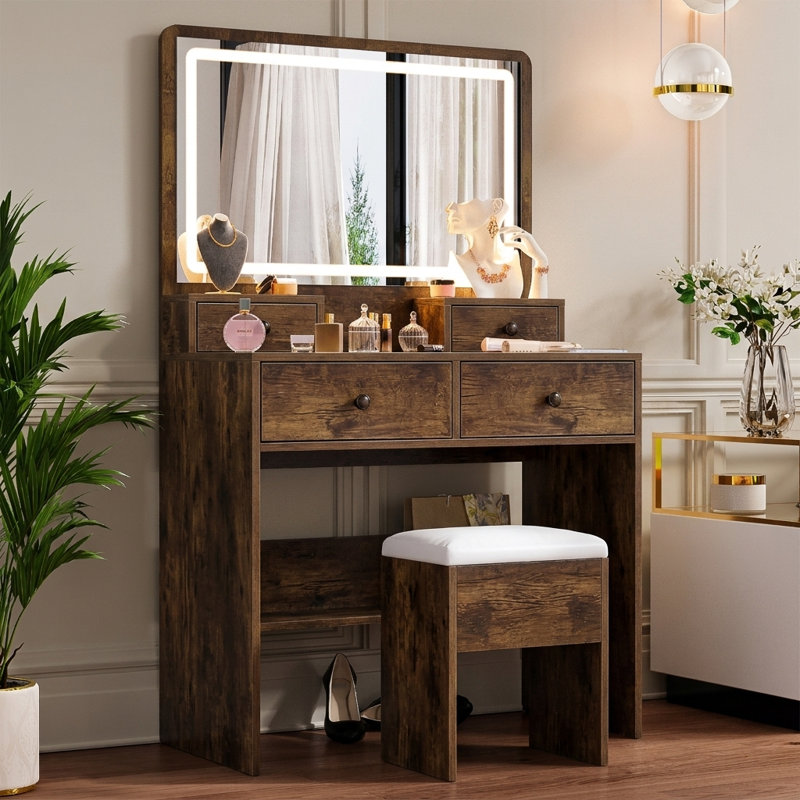 White Makeup Vanity Desk with Lighted Mirror Charging Station and Storage Chair, Rustic Brown