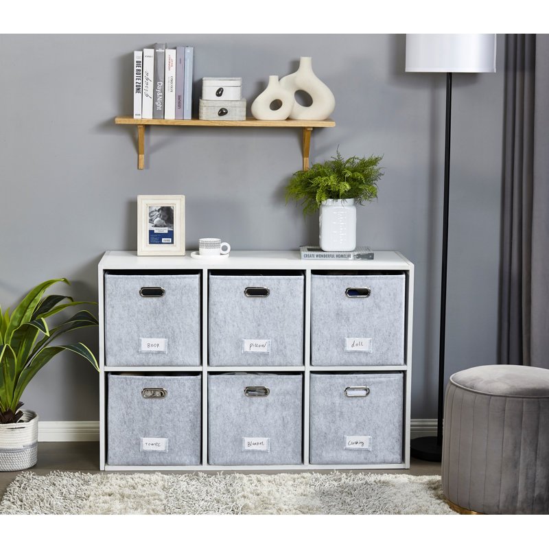 Collapsible Felt Cube Storage Bin with Label Holder and Metal Handles, 23 qt, Light Gray