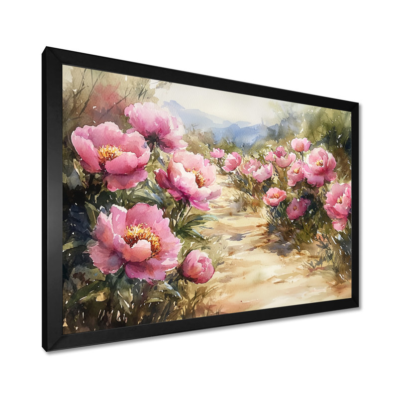 Pivoines le long du chemin de terre - Art mural pivoines, Reproduction encadrée d'une seule photo sans pass, Noir