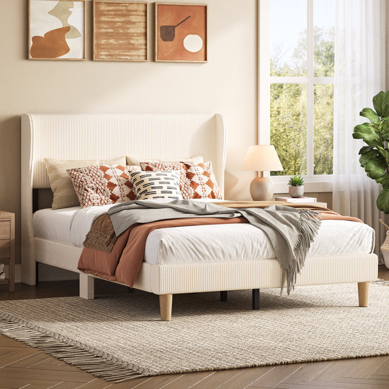 Aadi Full Size Velvet Upholstered Platform Bed Frame with Channel Tufted Wingback Headboard — No Box Spring Needed, Space-Saving Design for Small Bedrooms & Apartments