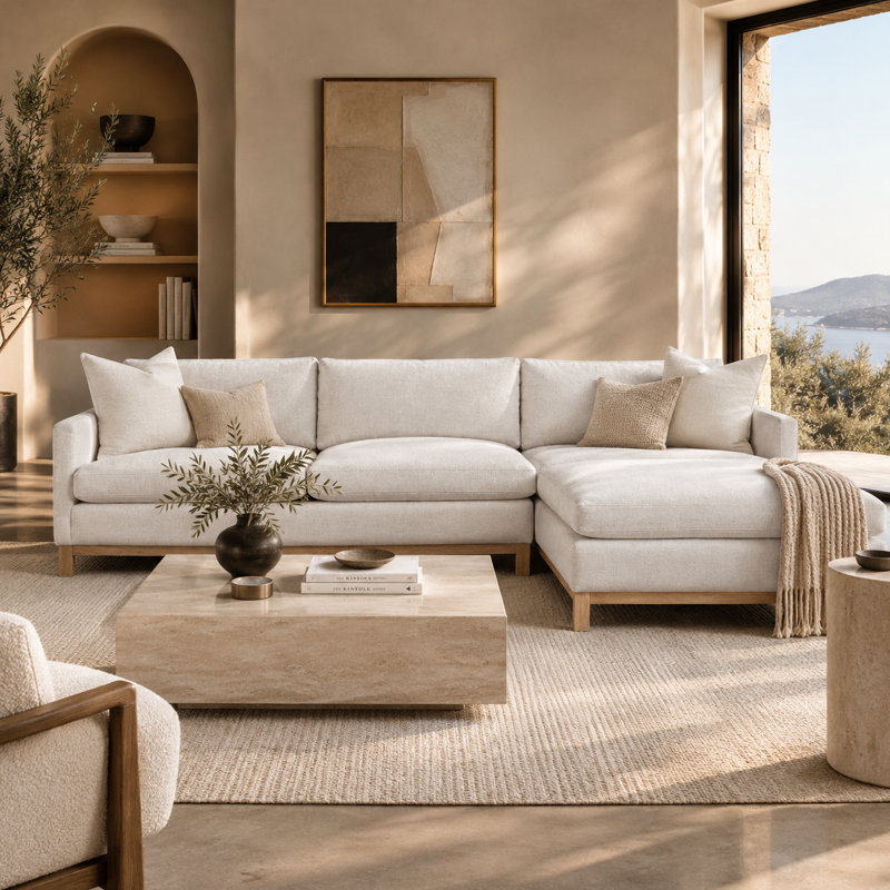 Cami 111" W 2-Piece Solid Wood Upholstered Sectional, Cloud Linen Blend, Right Hand Facing