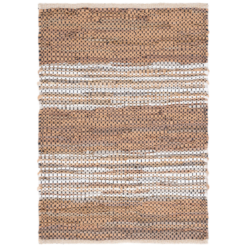 Geremiah Vintage Leather Hand Woven Leather/Jute Striped Rug in Light Brown/Ivory, Runner 2'3" x 9'