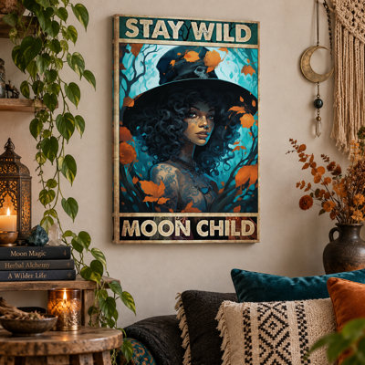 «Stay Wild Moon Child Witch With Autumn Leaves», art mural sur toile - salon, chambre à coucher ou bureau