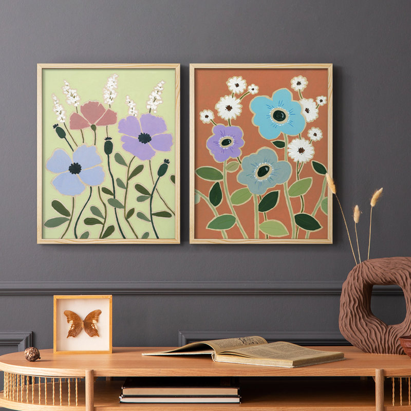 Woodblock Floral III - reproduction encadrée de qualité supérieure - prête à être accrochée - aucun clou requis - aucun clou requis