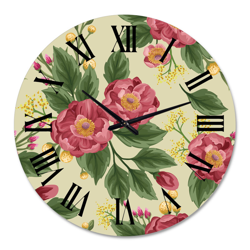 Vintage pivoines et pois sucrés sur beige - horloge murale traditionnelle, Grand