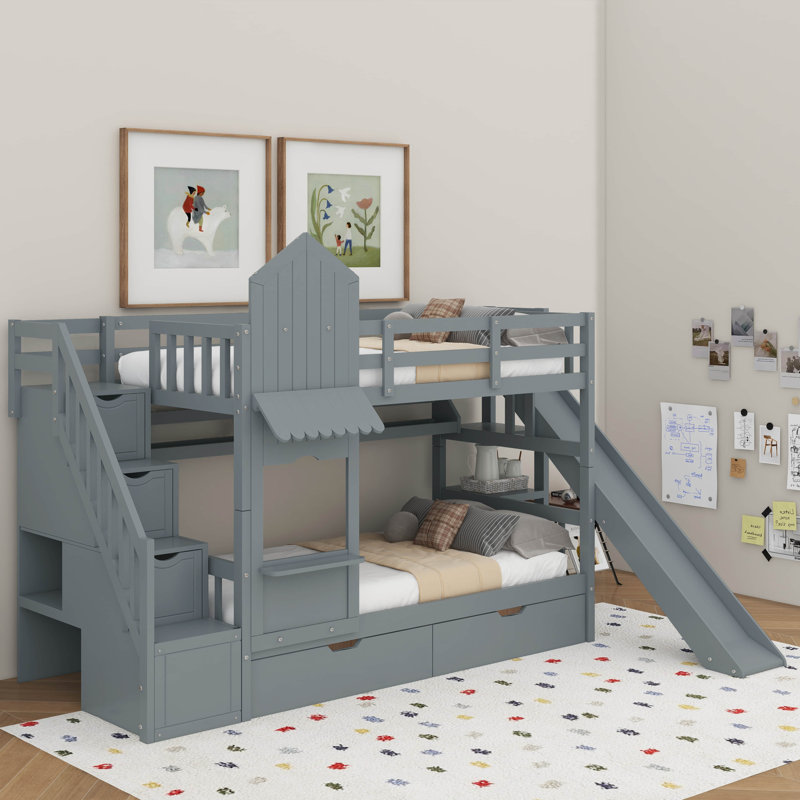 Castle Style Bunk Bed, Wood Bunkbed With 2 Drawers And 3 Shelves, Full-Length Fence, Slide, Slat Support, Gray