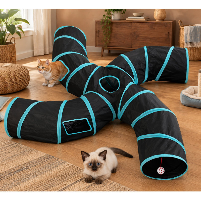 Les grands chats d'intérieur, les chatons, les chatons et les lapins peuvent explorer ce tunnel labyrinthe noir à 4 voies, amélioré avec un tube-maison labyrinthe pliable et 5 fenêtres à cache-cache pour un jeu interactif.