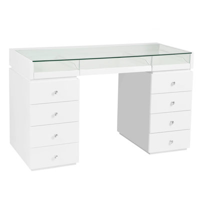 SlayStation Bella Vanity Table, 4 Drawers with Crystal Lux Drawer Knobs and Clear Glass Top by Everly Quinn