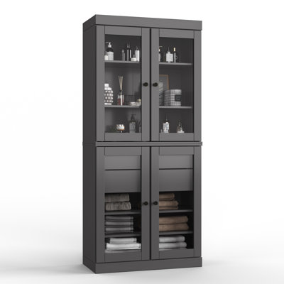 Armoire de rangement autoportante en bois massif l 32 po x H 71,5 po avec portes en verre transparent, 2 tiroirs et tablettes réglables - Organisateur de salle de bain moderne