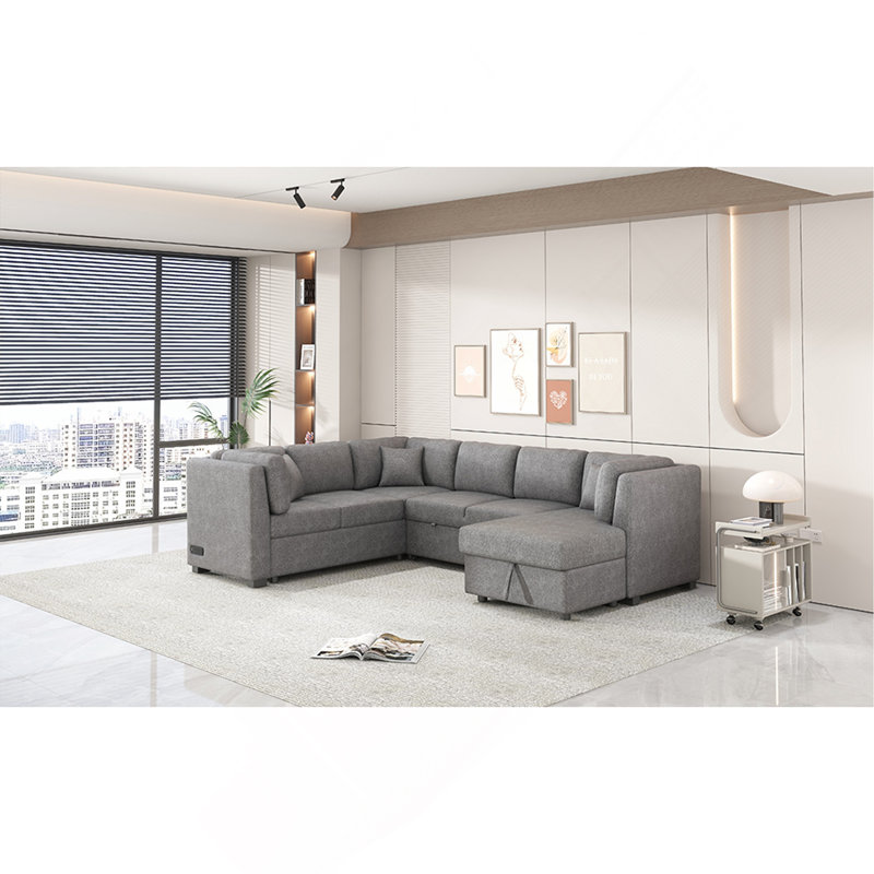 Canapé-lit modulaire en U de 108,6 po avec deux ports USB, deux prises de courant, trois coussins de dossier et une méridienne de rangement pour le salon, gris clair