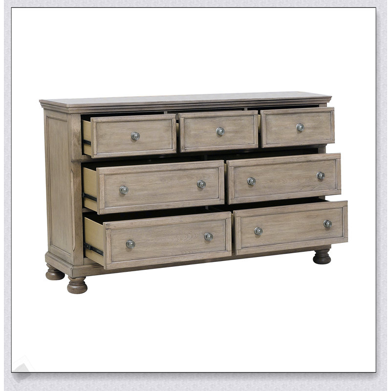 Commode classique à 7 tiroirs avec plateau à bijoux, design traditionnel au fini gris, parfaite pour le rangement dans la chambre à coucher et l'élégance