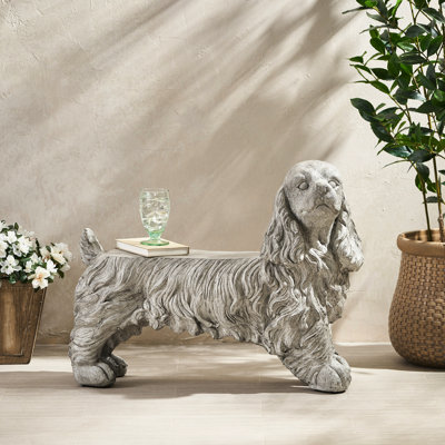 Garden Statue Bench - Add A Sweet Touch To Your Cast Stone Construction Lovely Dog With Fine Hair And Complex Facial Details Weather- Gray Wash Outdoo