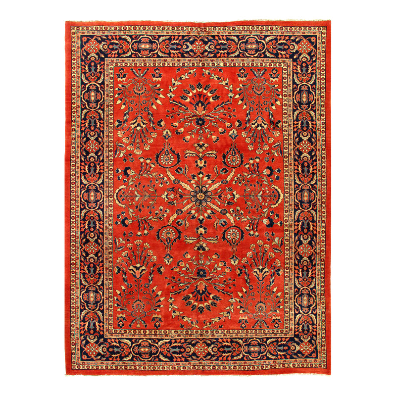Tapis unique en laine noué à la main rouge / bleu foncé / beige 9 pi 2 po x 12 pi 1 po Sarouk