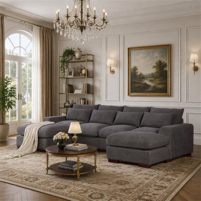 Tatman Linen Blend Sectional With 2 Ottomans