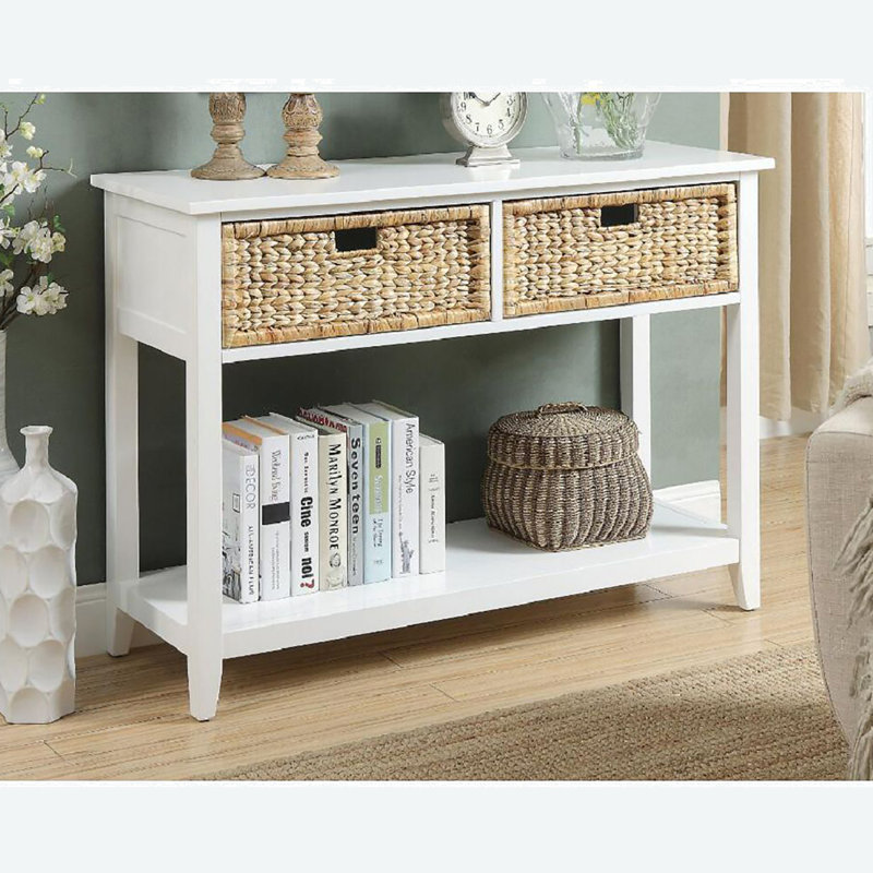 Console rectangulaire à 2 tiroirs avec tablette inférieure Lakendra, Blanc, H 28 po x l 44 po x P 16 po