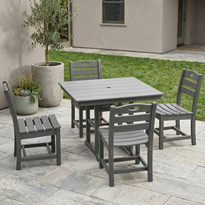 Gray HDPE 5-Piece Outdoor Patio Dining Set with Square Table, 4 Chairs and Umbrella Hole