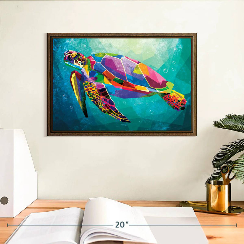 Tortue arc-en-ciel géométrique, 13 po x 9 po, Cadre flottant noyer