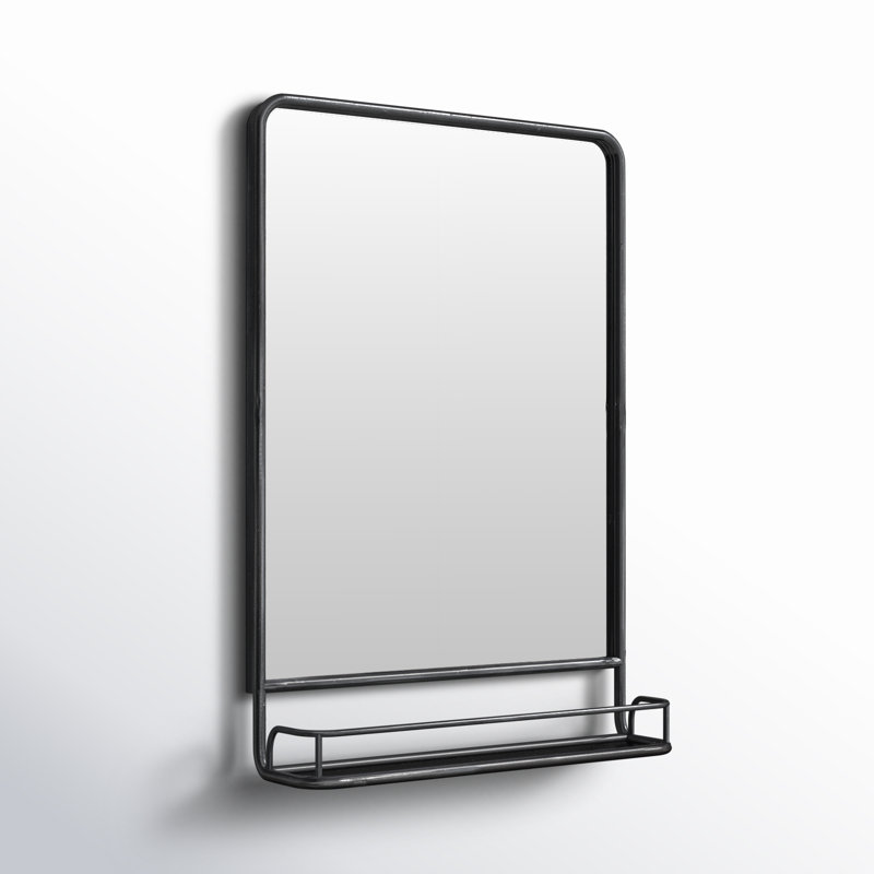 Metal Framed Rectangle Wall Mirror with Shelf, Black
