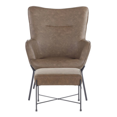 Industrial Lounge Chair And Ottoman Set In Black Metal And Espresso Faux Leather By Lumisource