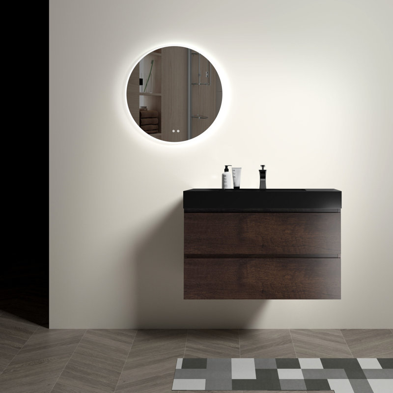 Meuble-lavabo moderne 36 po - Finition noyer, fermeture silencieuse, grand rangement, design et lavabo pour salle de bain