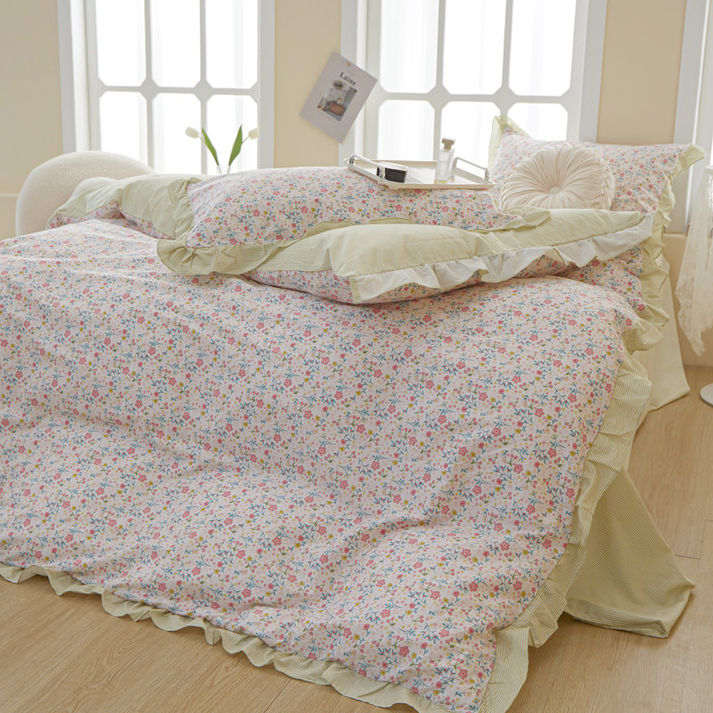 Muti-Floral Pattern Ruffle Laced Cotton Duvet Cover Set, Queen Duvet Cover + 2 Standard Pillowcases, Muti-Color Floral