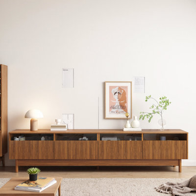 78" TV Stand for up to 85" TVs – Modern Entertainment Center with Fluted Glass Drawers – Walnut Media Console, Cable Management, Rounded Corners & Solid Wood Legs – for Living Room, Bedroom