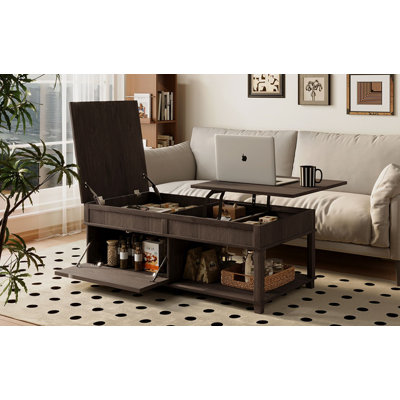 Table basse à plateau relevable gris, table de salon multifonctionnelle avec compartiment caché, tablette de rangement ouverte et bureau réglable, mobilier de maison moderne pratique pour un rangement peu encombrant