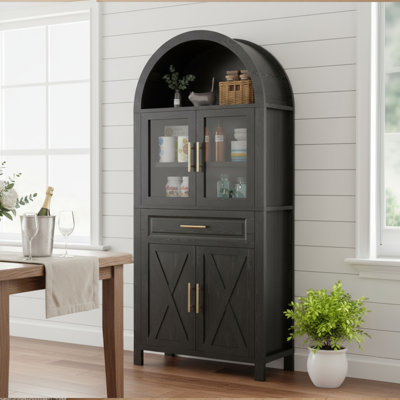 71" Tall Arched Kitchen Pantry Cabinet With Glass Door, Farmhouse Storage Pantry Cabinet With Adjustable Shelves & Barn Door Design For Kitchen, Living & Dining Room