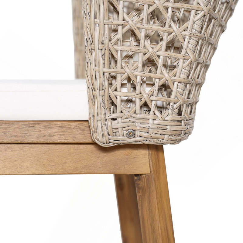 Outdoor Acacia Wood Counter Height Bar Stools with Cushion & Curved Wicker Back for Patio Poolside Kitchen Island, 4