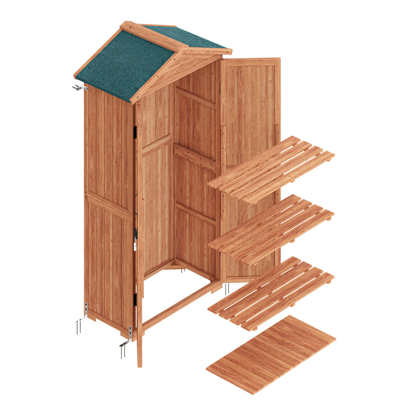 Tall Brown Fir Wood Outdoor Storage Shed with Shelves